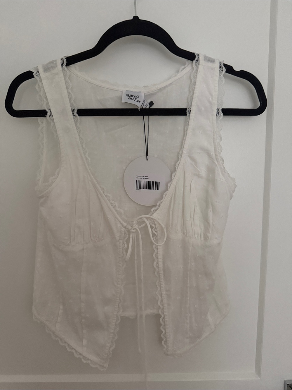 Princess Polly White Lace-Trim Tie-Front Tank Top